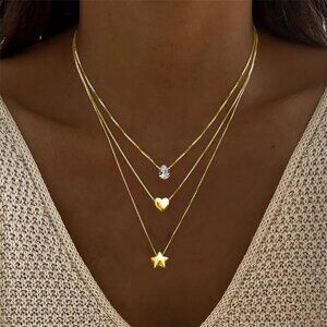 NEW Playful Luxe Gold Star Heart and Crystal Stacked Layered Necklace